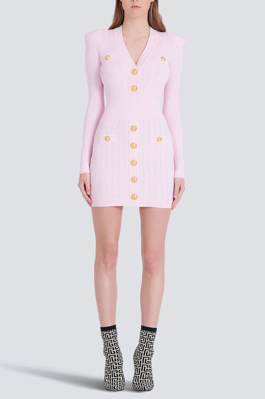 vicky v-neck button-detail ribbed mini dress in pink