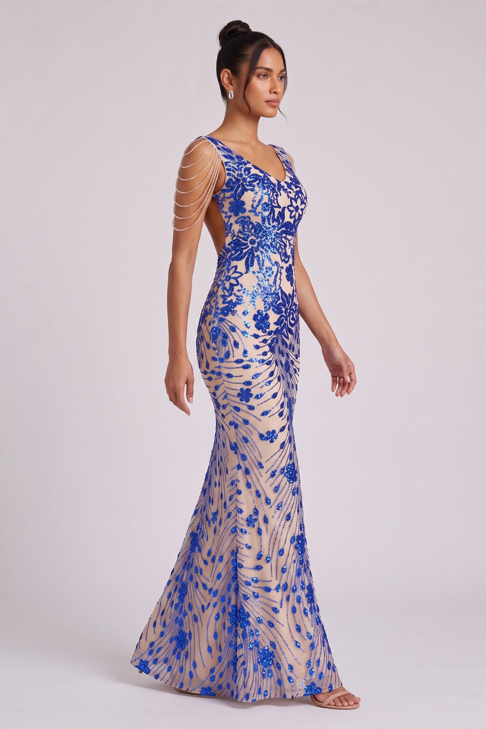 Royal Blue Sequin Embroidered Floor-Length Gown Premium Fabric - product view 4