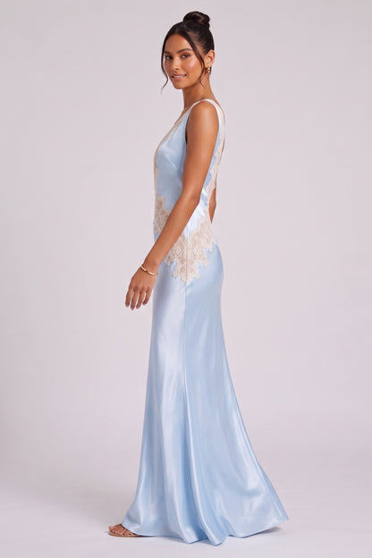 Light Blue Satin Slip Gown with Lace Applique light blue satin gown - product view 4