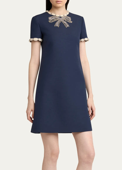 jocelyn rhinestone Embroidered Crepe mini Dress in navy blue