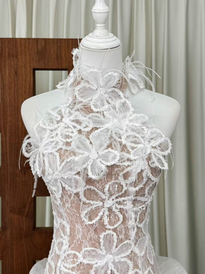 white floral lace fitted sheath with sculptural hem dress