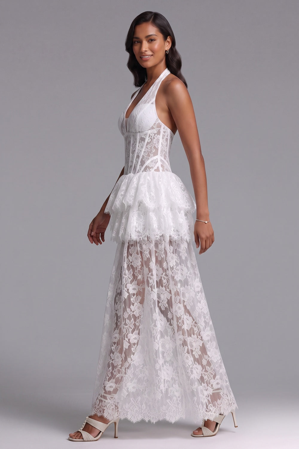white floral lace corset bodice with tiered peplum and straight skirt dress white floral lace dress - product view 4