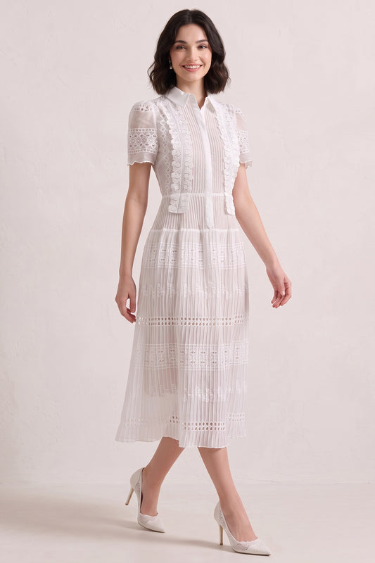 White Semi-Sheer Pleated Midi Dress with Lace Inserts white semi-sheer lightweight woven dress - product view 2