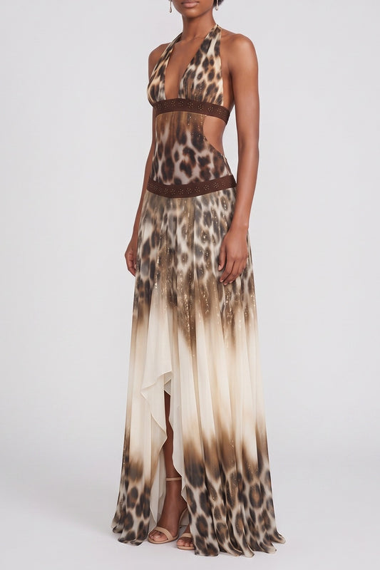 Halter Deep V Leopard Print Beaded Waist Split Maxi Dress