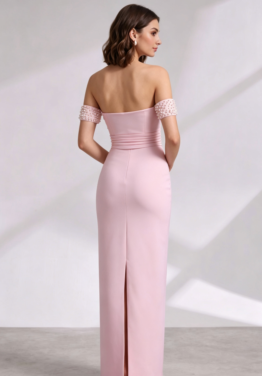 Light Pink Structured Crepe Sheath Dress with Pearl Embellishment