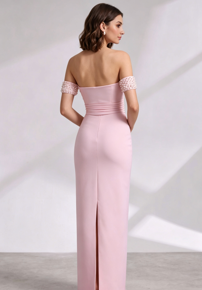 Light Pink Structured Crepe Sheath Dress with Pearl Embellishment