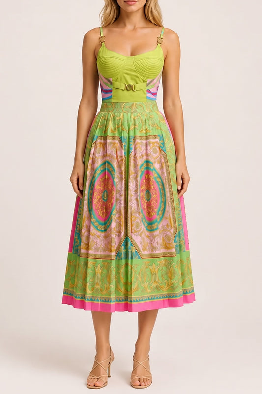 Adjustable Strap Corset Baroque Print A-Line Midi Dress