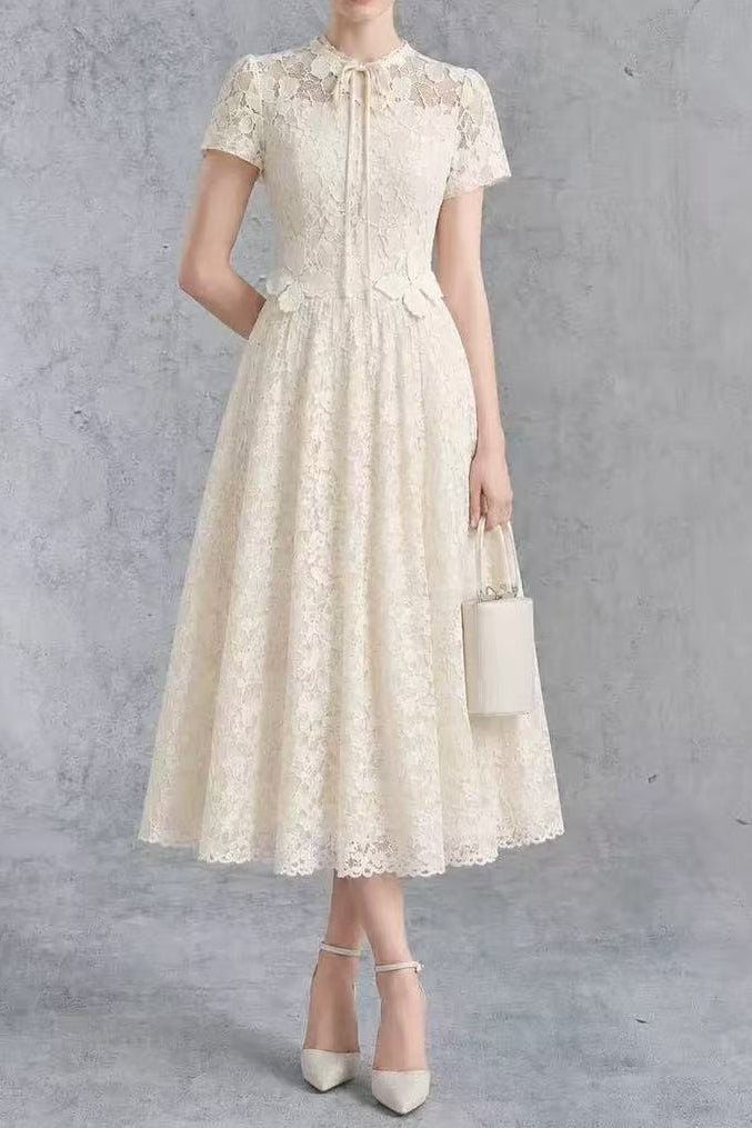 Cream Lace Tie Neck Short Sleeve A-Line Midi Dress