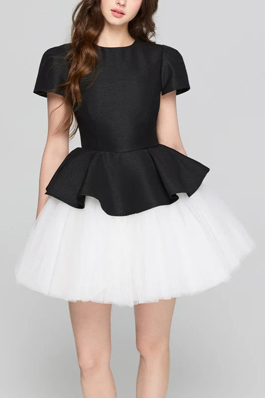 two-tone Velvet ruffle hem puffy mini dress