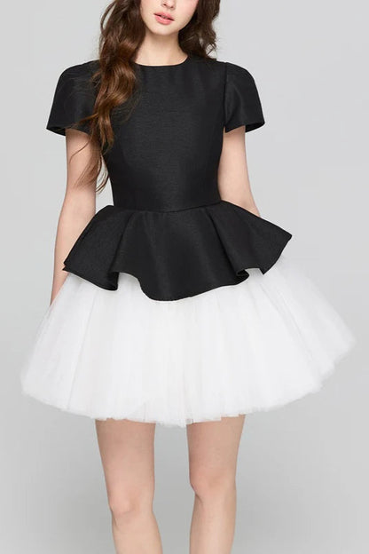 two-tone Velvet ruffle hem puffy mini dress
