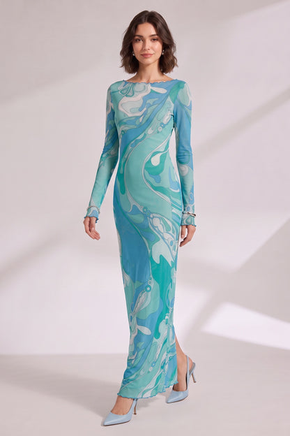 Abstract Wave Print Maxi Dress in Blue and Teal Premium Fabric - product view 5