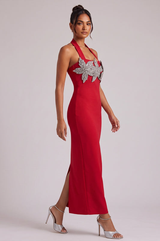 Red Halter Maxi Dress with Silver Floral Embellishment Premium Fabric - product view 2