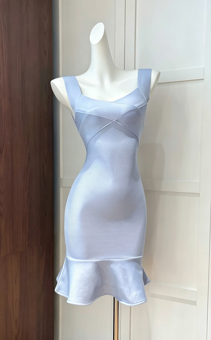 light blue heavy structured knit bodycon with ruffled hem dress