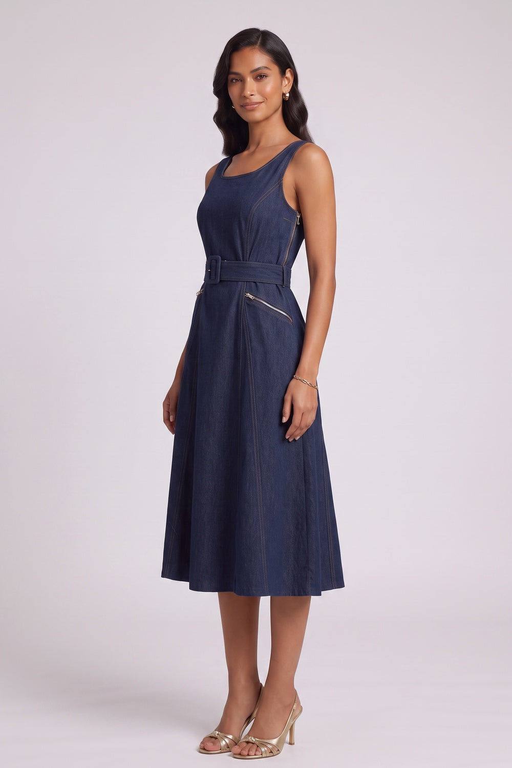 Dark Blue Denim Fit-and-Flare Midi Dress dark blue denim dress - product view 4