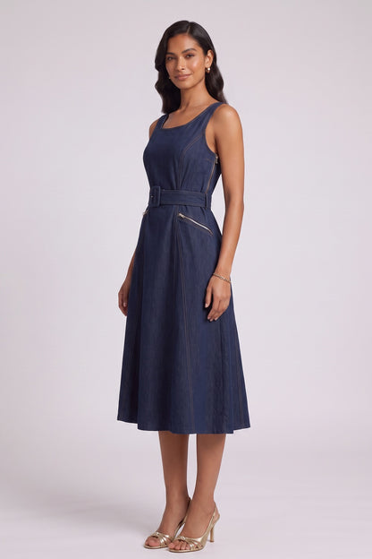 Dark Blue Denim Fit-and-Flare Midi Dress dark blue denim dress - product view 4