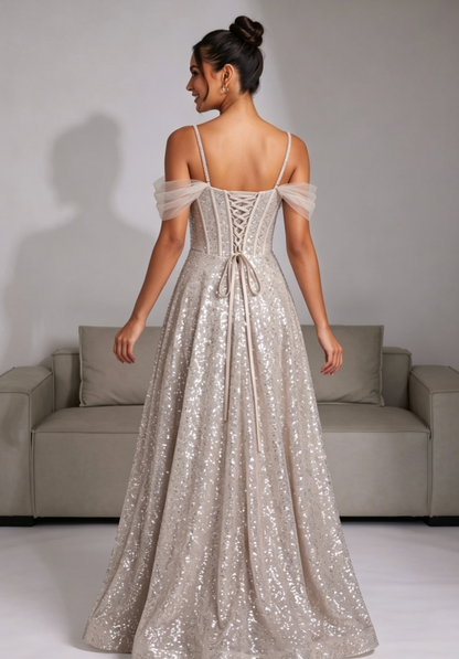 champagne sequined tulle A-line evening gown