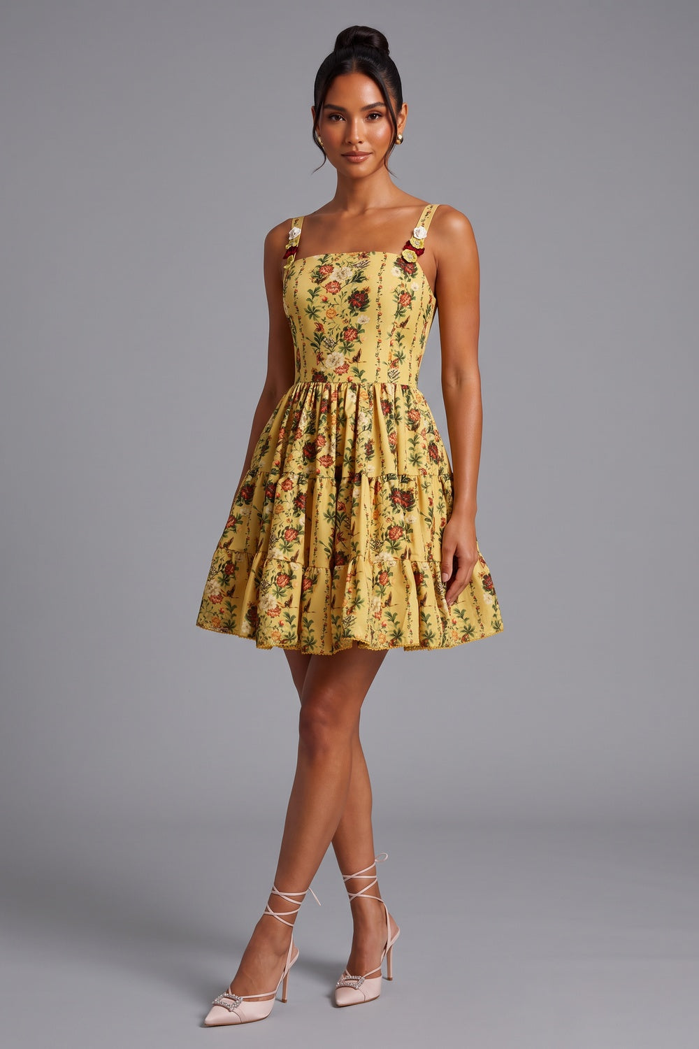 Yellow Floral A-Line Fit-and-Flare Mini Dress yellow structured cotton woven dress - product view 1
