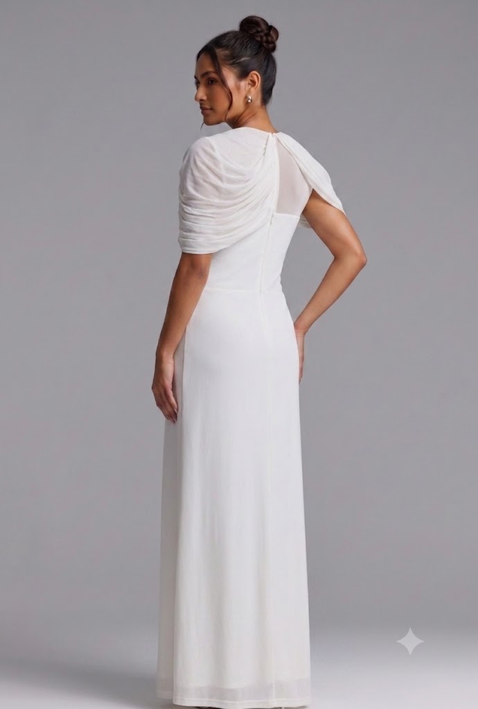 White Draped Maxi Dress with Cold Shoulder Detail Premium Fabric - product view 4