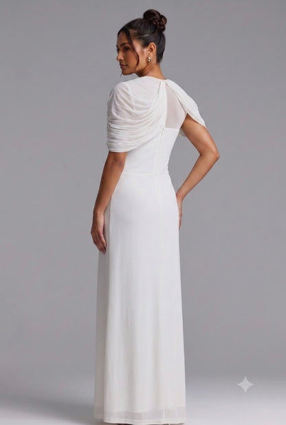 White Draped Maxi Dress with Cold Shoulder Detail Premium Fabric - product view 4