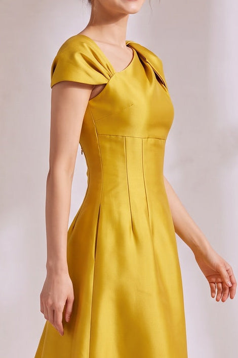 Yellow Asymmetrical Bow Satin Midi Party Dress