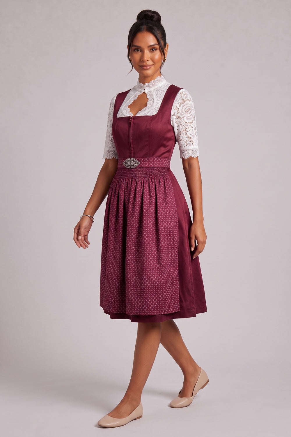 burgundy satin-finish polyester or taffeta fit-and-flare dirndl dress set burgundy, white satin-finish polyester or taffeta dirndl dress set - product view 4