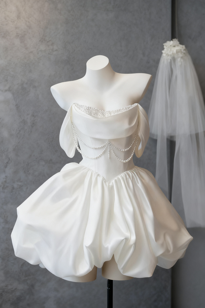 White Satin Beaded Off Shoulder Mini Dress