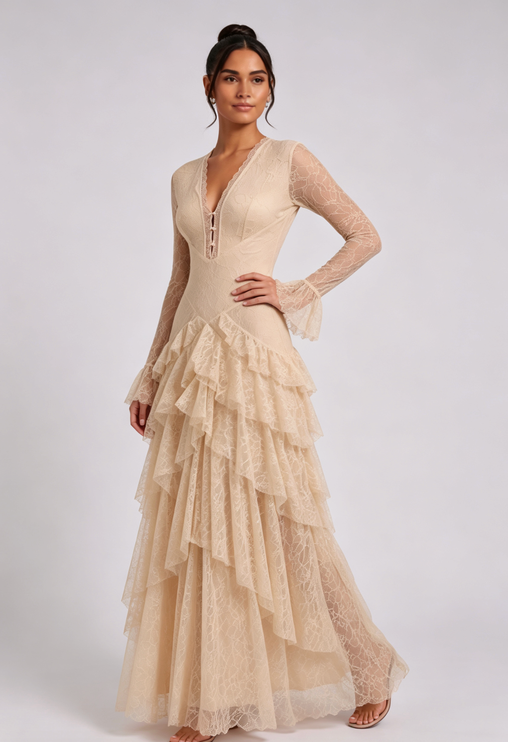 beige delicate floral lace fitted bodice with tiered flared skirt gown