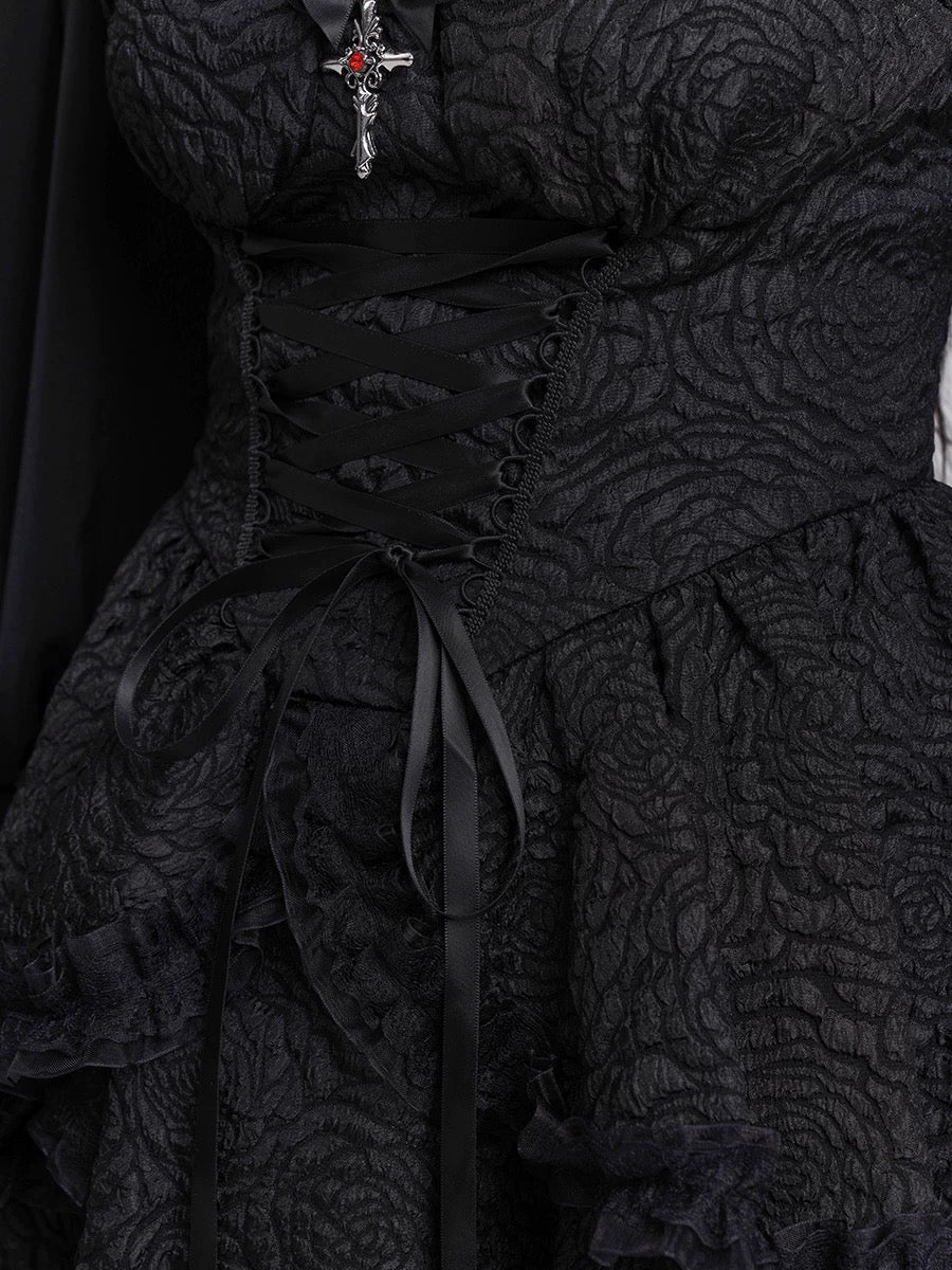 BLACK TEXTURED SUSPENDER MINI DRESS