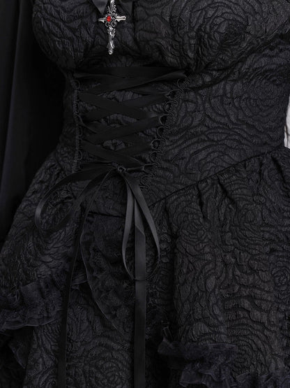 BLACK TEXTURED SUSPENDER MINI DRESS