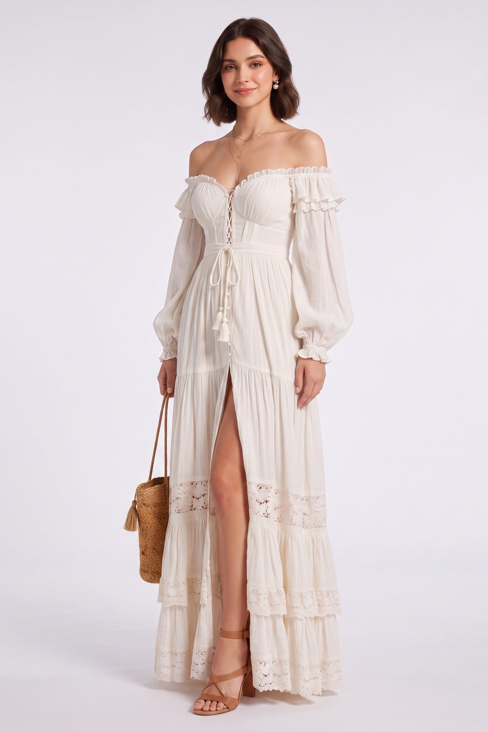 Cream Off-the-Shoulder Tiered Maxi Dress with Lace Trim Premium Fabric - product view 4