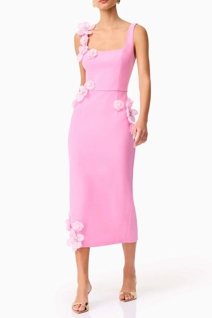 sabrina 3d flower Midi Dress in Pink