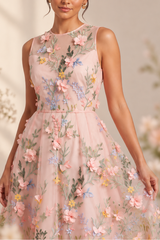 sleeveless blush pink tulle dress with colorful floral embroidery