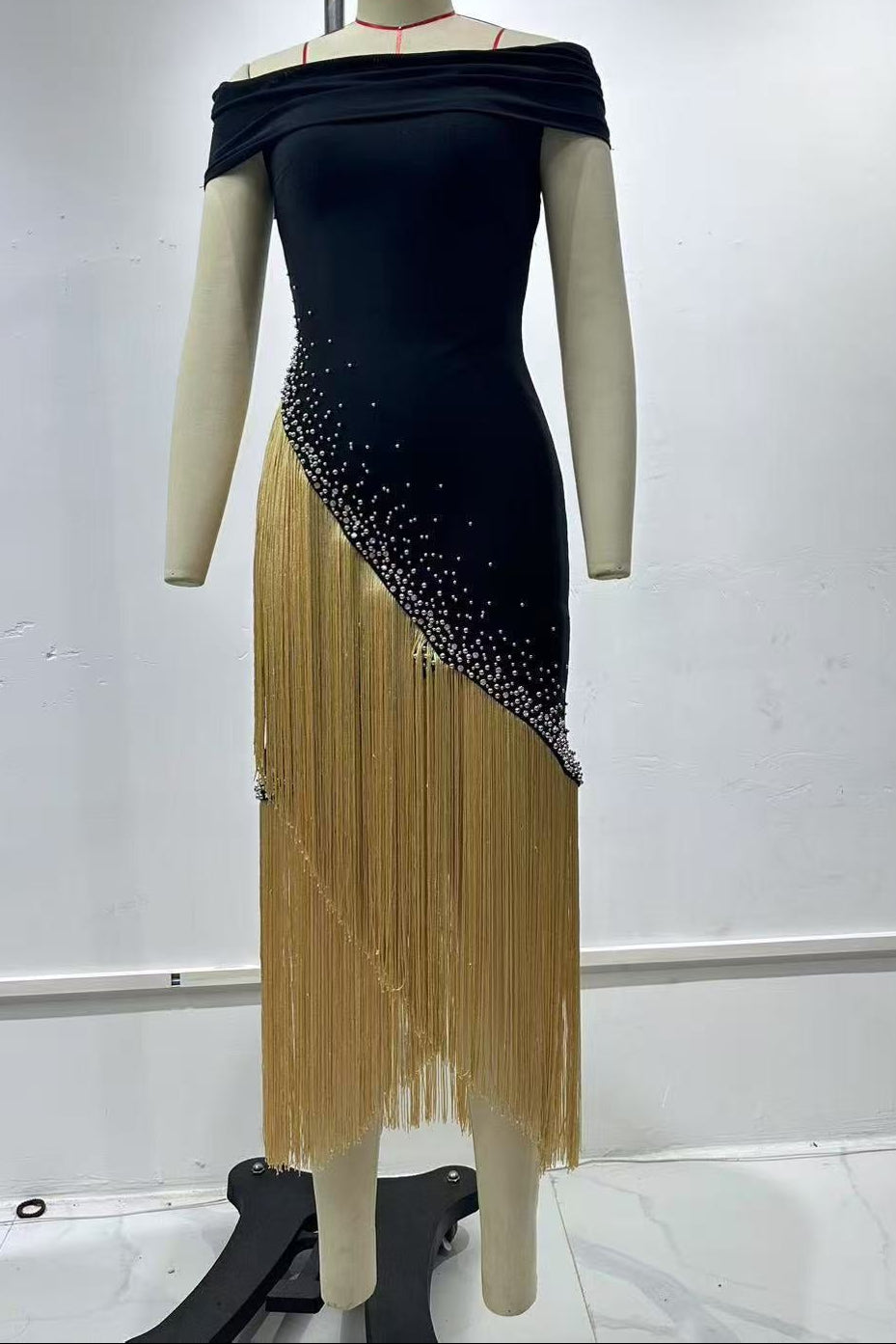 Tata Chic Contour Off Shoulder Gold Fringe Bandage Maxi Dress