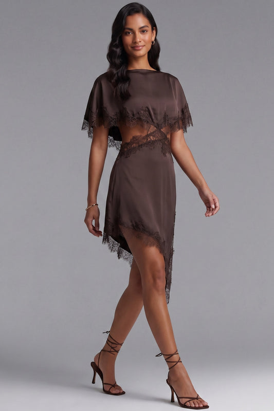 Chocolate Brown Satin Asymmetrical A-Line Dress with Capelet Overlay chocolate brown satin dress - product view 2