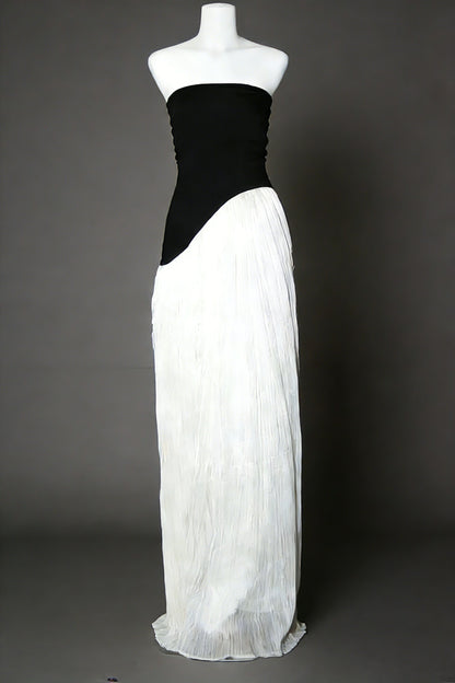 Black white contrast tube top irregular maxi dress