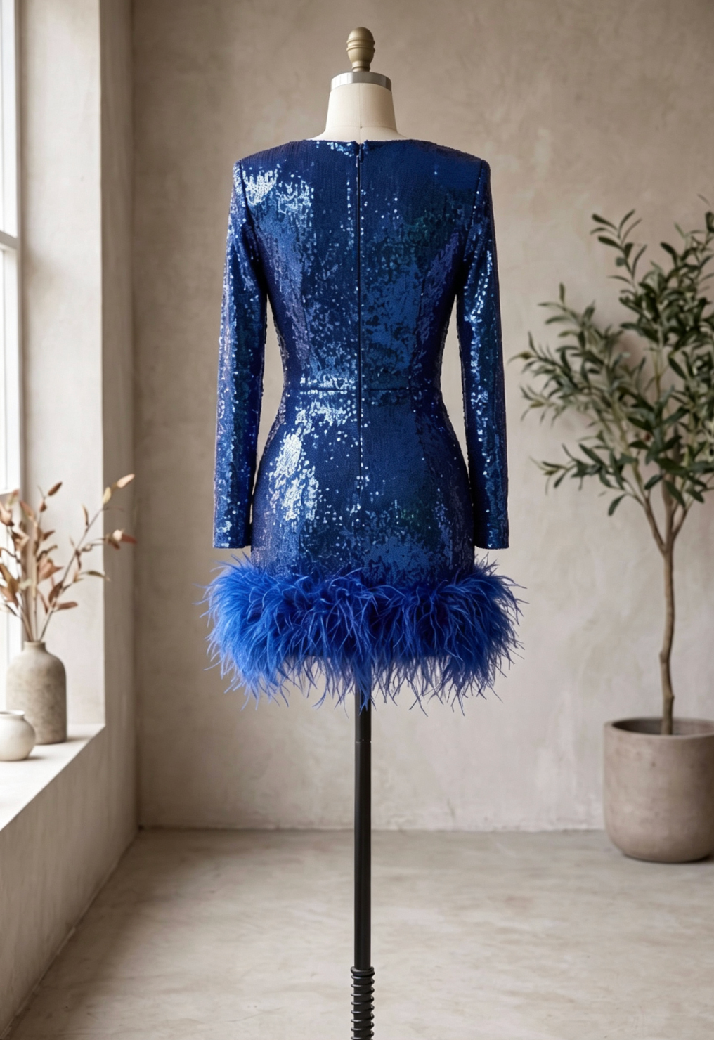 Royal Blue Sequined Knit Bodycon Mini Dress