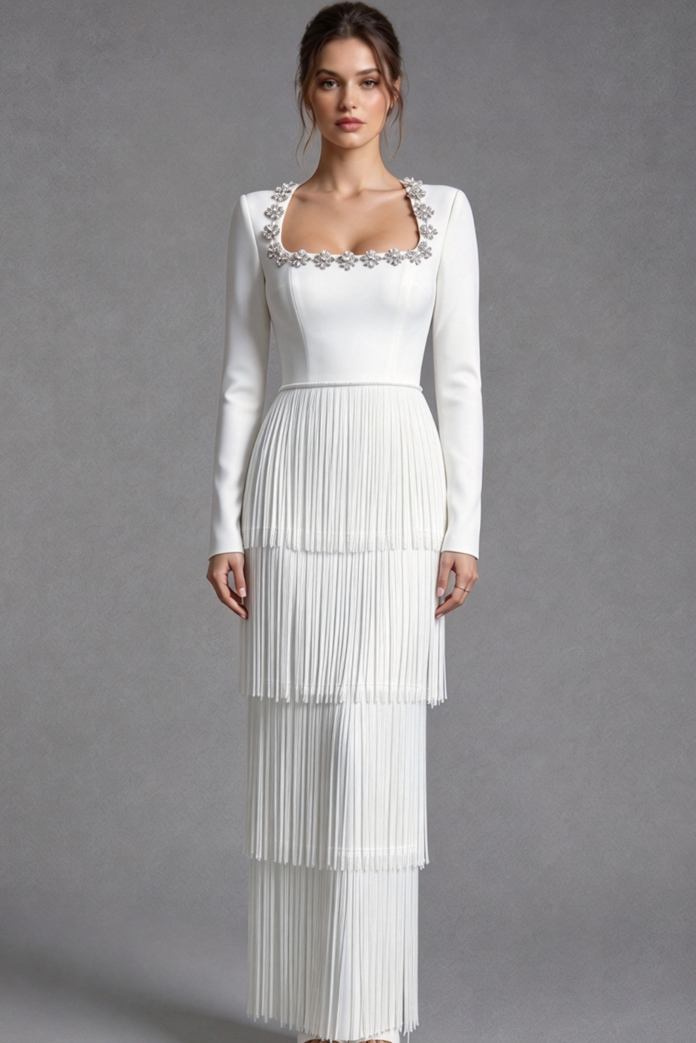 White Structured Crepe Column Gown with Tiered Fringe