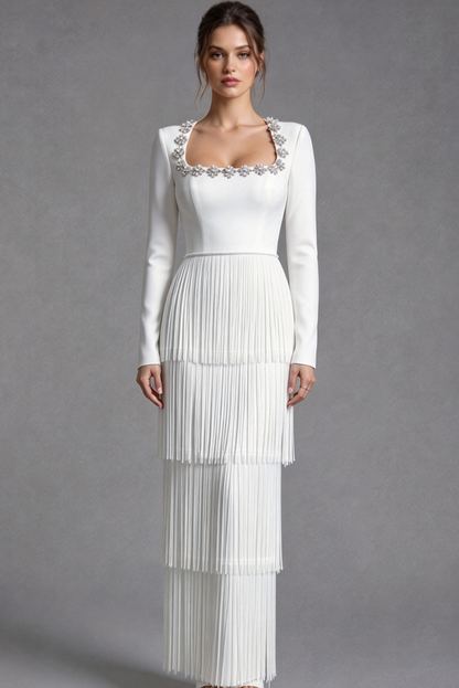 White Structured Crepe Column Gown with Tiered Fringe
