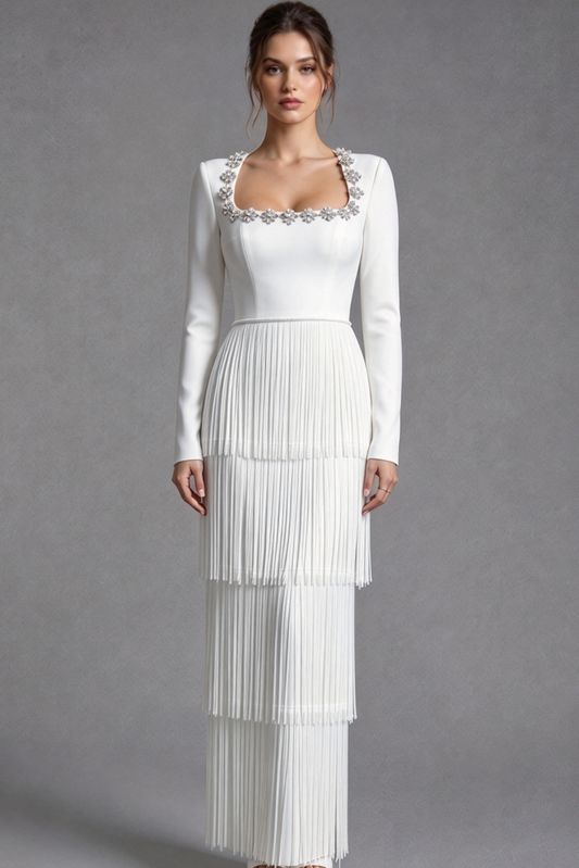 White Structured Crepe Column Gown with Tiered Fringe