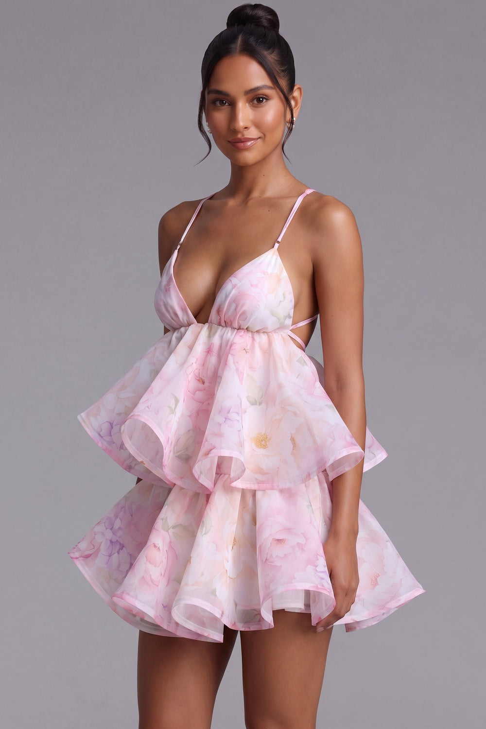 Light Pink Organza Floral A-Line Babydoll Mini Dress light pink organza dress - product view 3