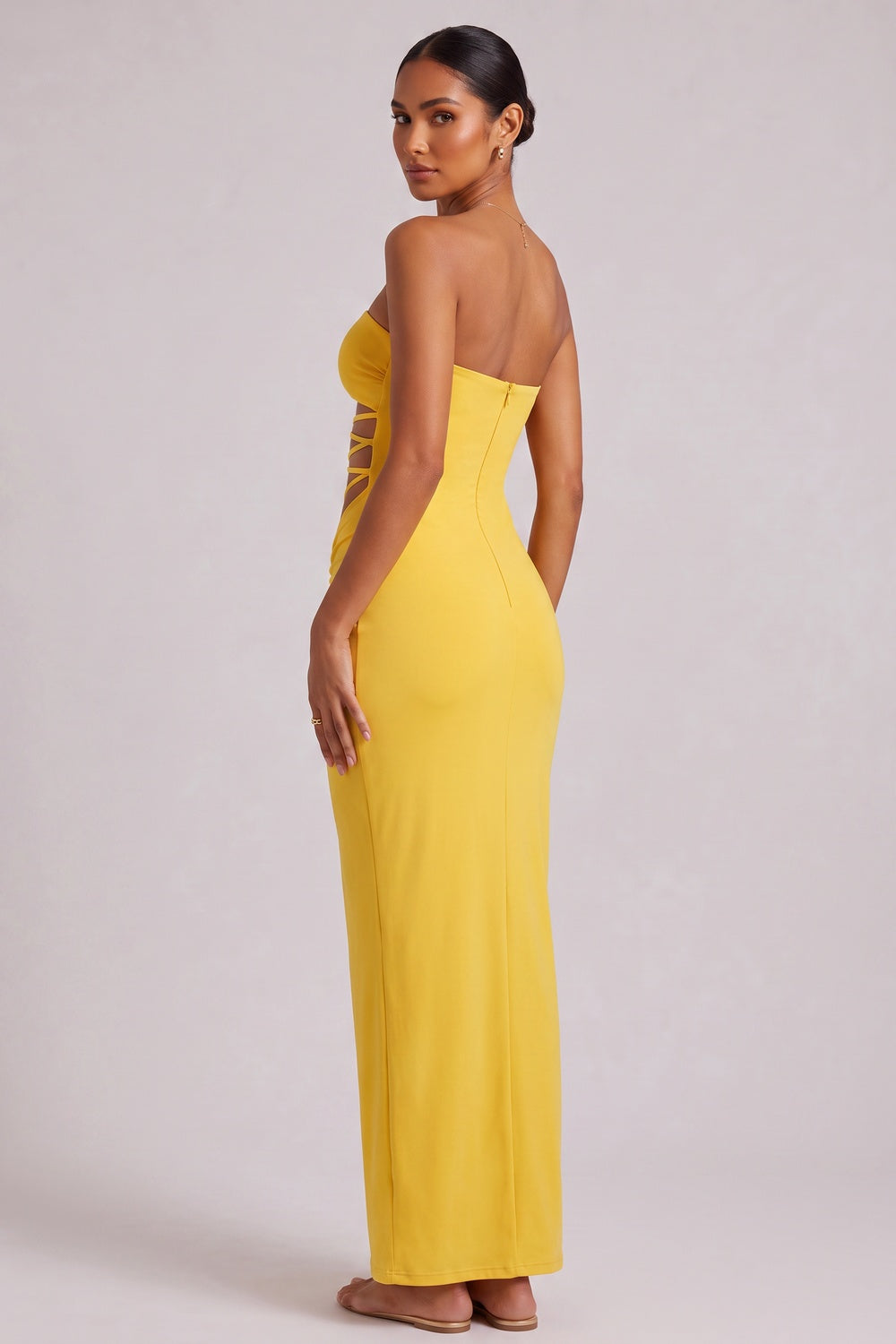 Yellow Strapless Maxi Dress with Side Cutout Detail Premium Fabric - product view 4