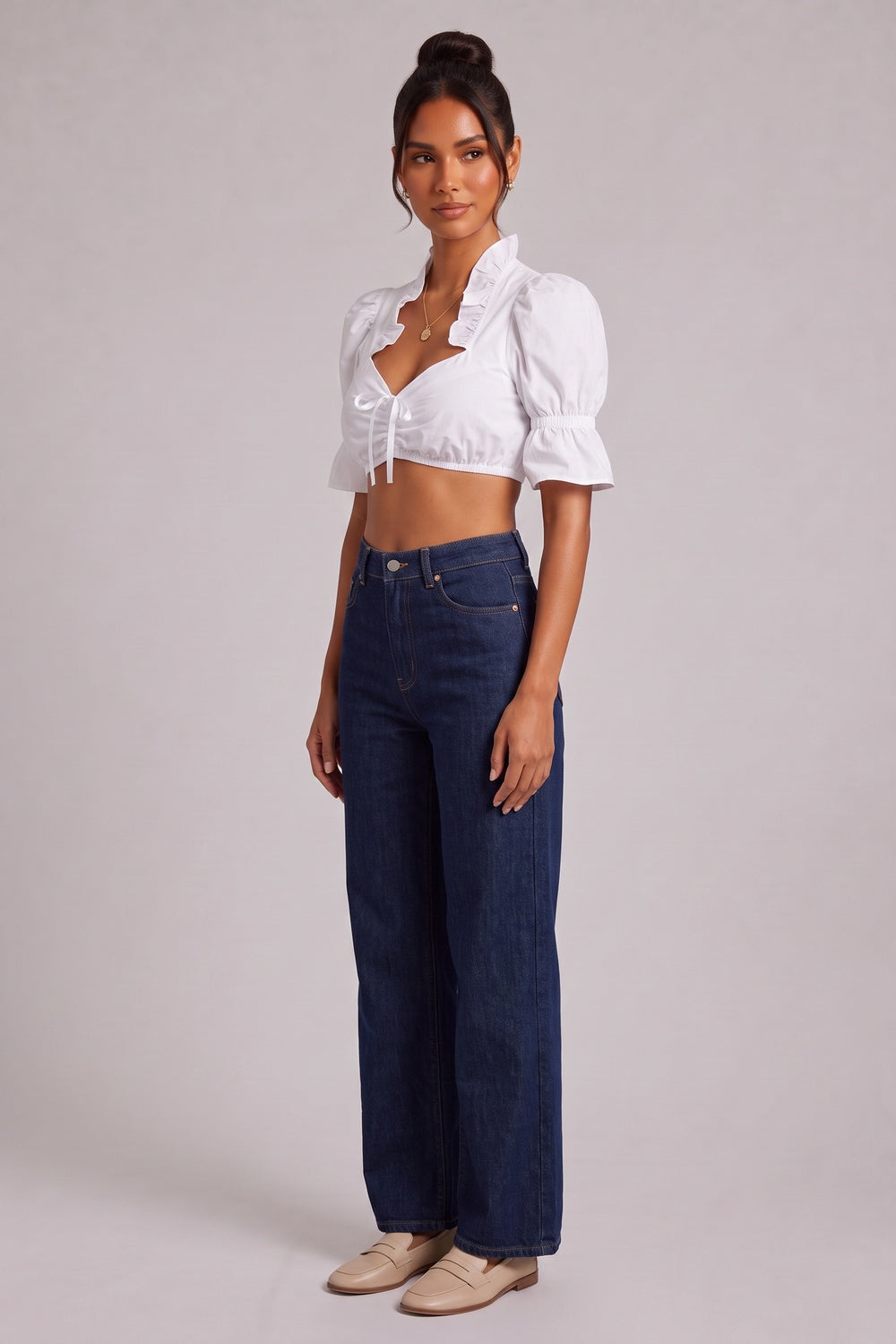white cotton woven cropped puff-sleeve dirndl crop blouse white cotton woven dirndl crop blouse - product view 2