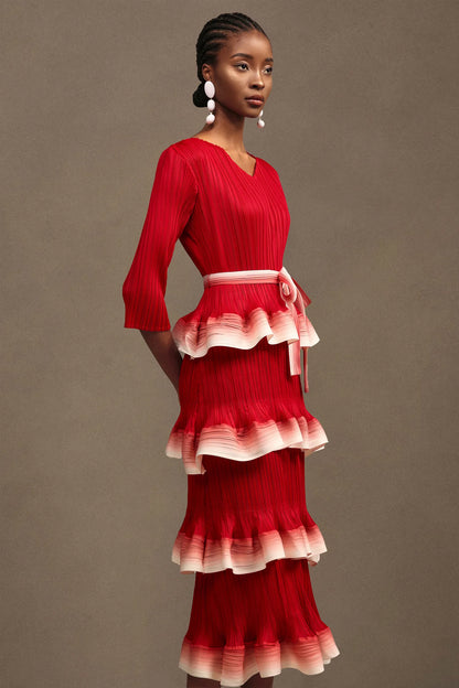 victoria Pleated Round Neck Long Sleeve Falbala Woven Maxi Dress in red