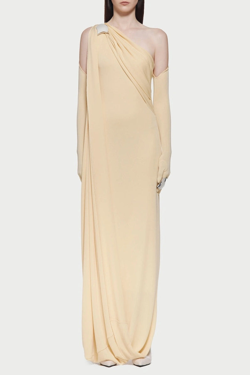 xaviera one-shoulder pleated backless maxi dress in yellow