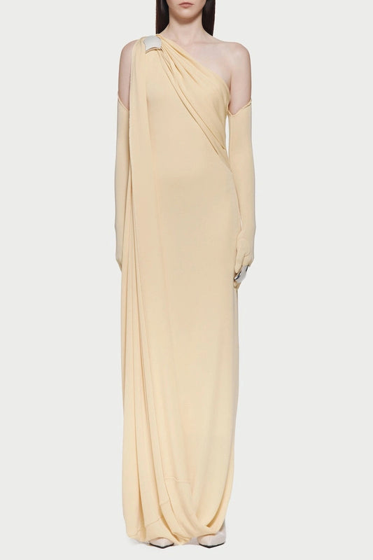 xaviera one-shoulder pleated backless maxi dress in yellow