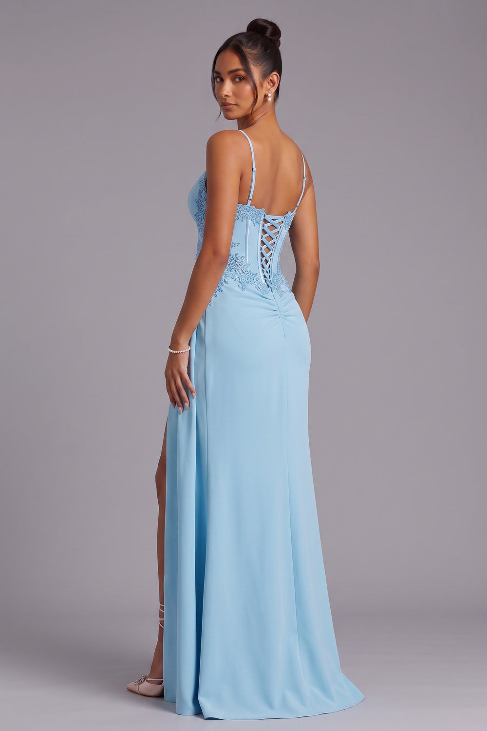 Light Blue Lace-Up Back Floor-Length Evening Gown Premium Fabric - product view 2