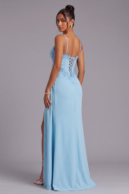 Light Blue Lace-Up Back Floor-Length Evening Gown Premium Fabric - product view 2
