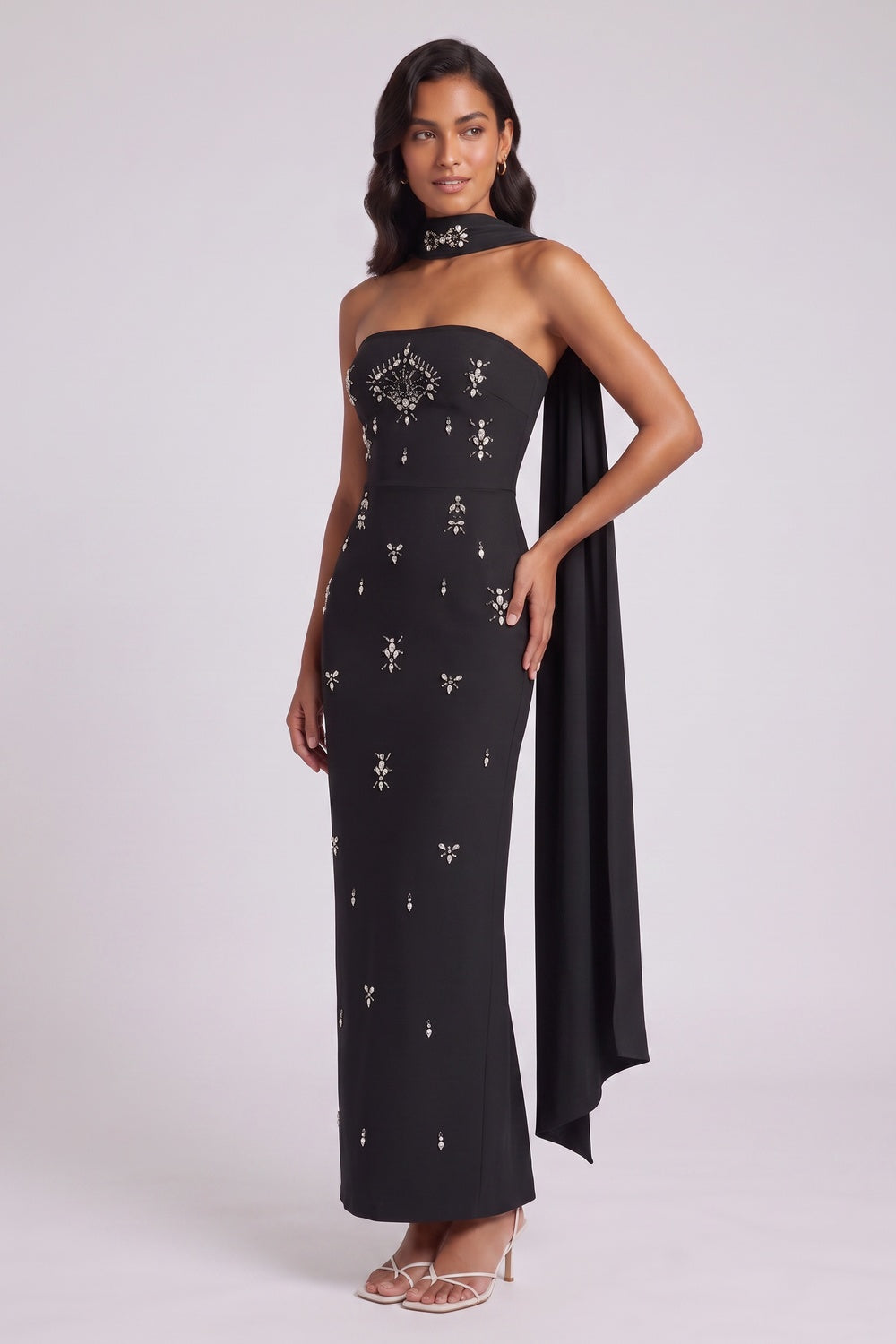 Black Crepe Column Maxi Dress with Silver Embellishment and Cape Detail black crepe maxi dress - product view 2