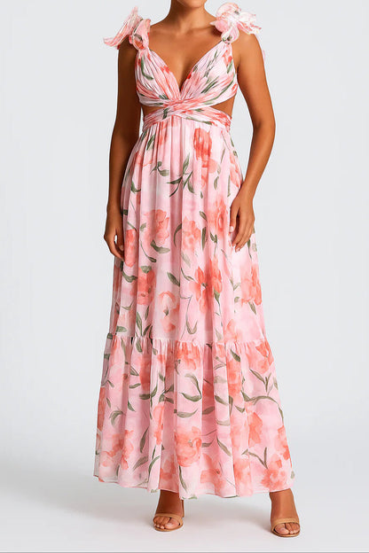 Floral Print Ruffled Backless Maxi Dress in Pink