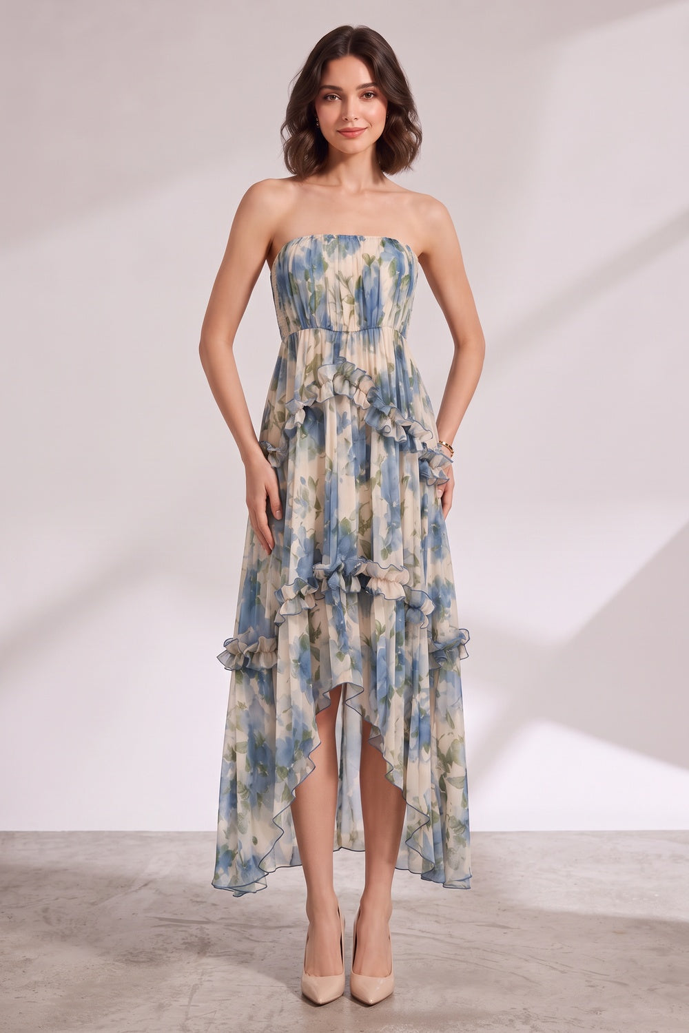 Blue Floral Strapless Tiered Midi Dress Premium Fabric - product view 5